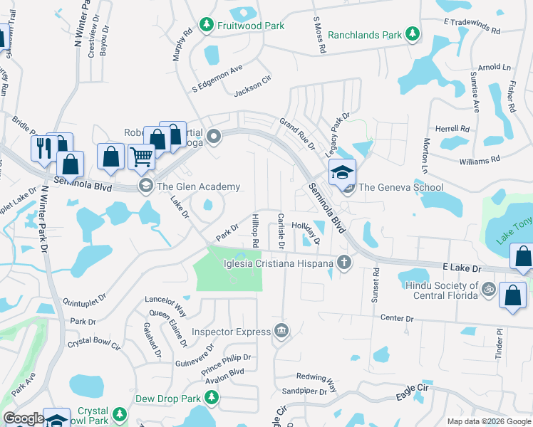 map of restaurants, bars, coffee shops, grocery stores, and more near 1451 Tyrone Court in Casselberry