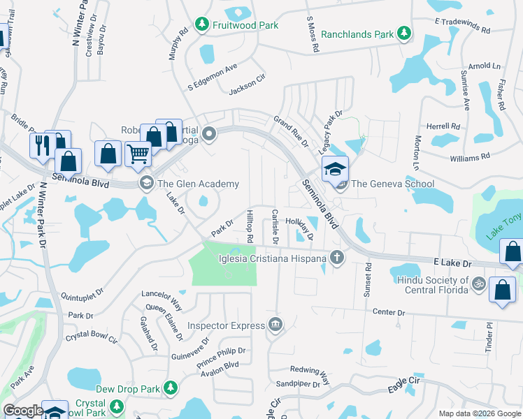 map of restaurants, bars, coffee shops, grocery stores, and more near 1451 Tyrone Court in Casselberry