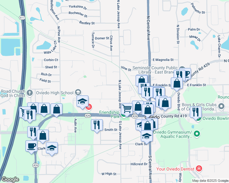 map of restaurants, bars, coffee shops, grocery stores, and more near 263 King Street in Oviedo