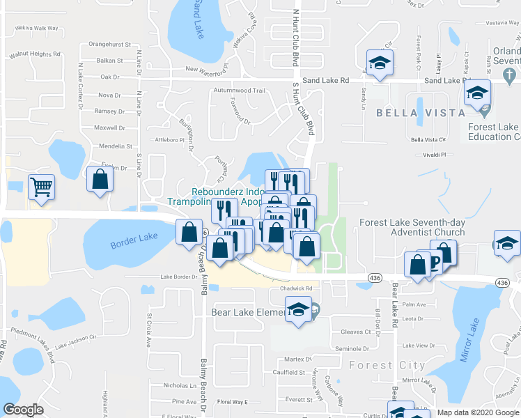 map of restaurants, bars, coffee shops, grocery stores, and more near 3031 Foxhill Circle in Apopka