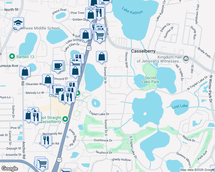 map of restaurants, bars, coffee shops, grocery stores, and more near 100 Valmora Drive in Casselberry
