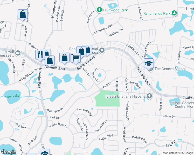 map of restaurants, bars, coffee shops, grocery stores, and more near 1371 Lake Drive in Casselberry