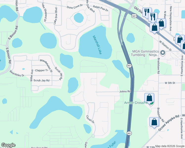 map of restaurants, bars, coffee shops, grocery stores, and more near 1247 Johns Road in Apopka