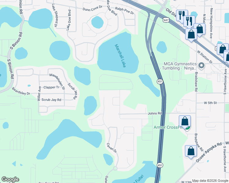 map of restaurants, bars, coffee shops, grocery stores, and more near 1247 Johns Road in Apopka
