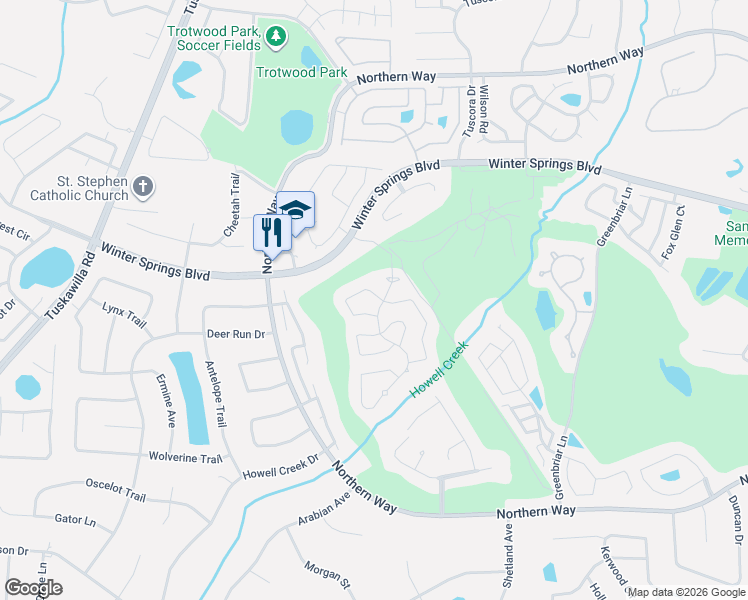 map of restaurants, bars, coffee shops, grocery stores, and more near 1048 West Pebble Beach Circle in Winter Springs