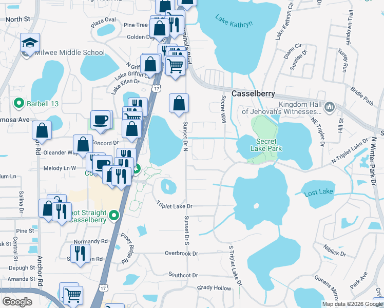 map of restaurants, bars, coffee shops, grocery stores, and more near 129 Valmora Drive in Casselberry