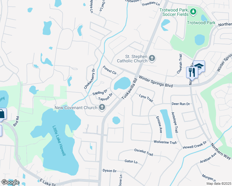 map of restaurants, bars, coffee shops, grocery stores, and more near 924 Oak Forest Drive in Winter Springs