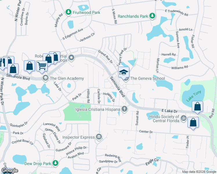 map of restaurants, bars, coffee shops, grocery stores, and more near 323 Capron Ash Loop in Casselberry