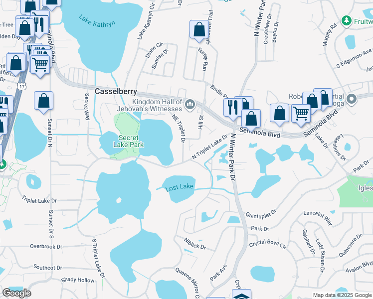 map of restaurants, bars, coffee shops, grocery stores, and more near 181 Northeast Triplet Drive in Casselberry