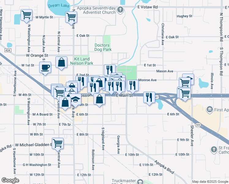 map of restaurants, bars, coffee shops, grocery stores, and more near 211 Edgewood Dr in Apopka