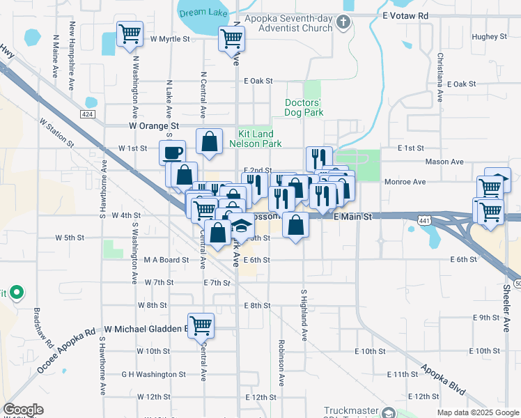 map of restaurants, bars, coffee shops, grocery stores, and more near 125 East Main Street in Apopka