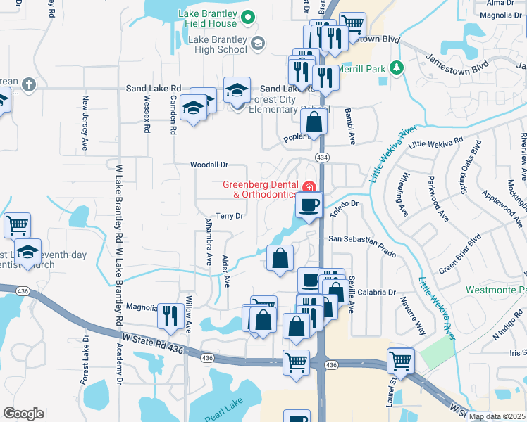 map of restaurants, bars, coffee shops, grocery stores, and more near 627 Dory Lane in Altamonte Springs