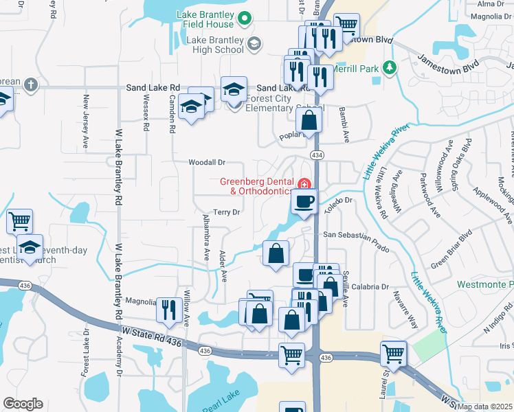 map of restaurants, bars, coffee shops, grocery stores, and more near 625 Dory Lane in Altamonte Springs