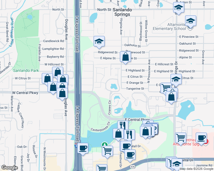 map of restaurants, bars, coffee shops, grocery stores, and more near 711 West Cranes Circle in Altamonte Springs