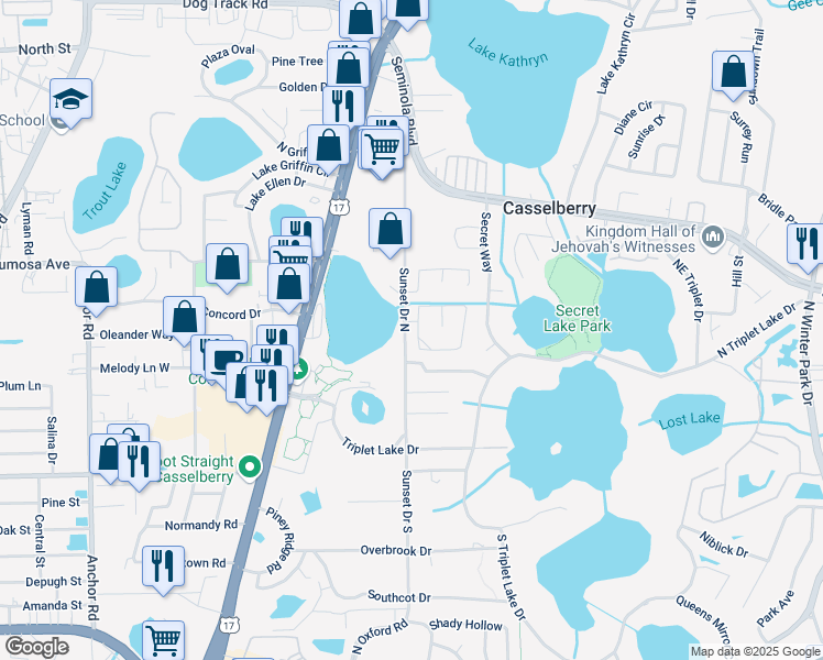 map of restaurants, bars, coffee shops, grocery stores, and more near 132 Valmora Drive in Casselberry