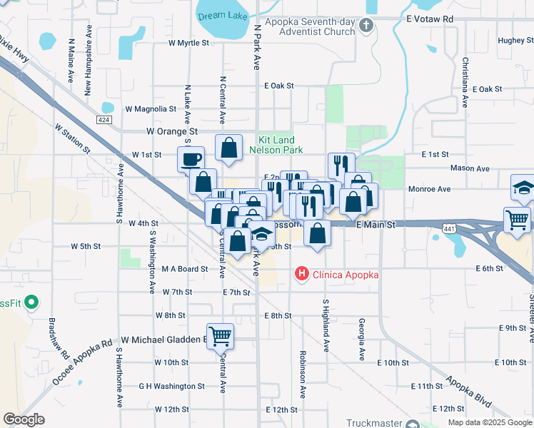 map of restaurants, bars, coffee shops, grocery stores, and more near 125 East Main Street in Apopka