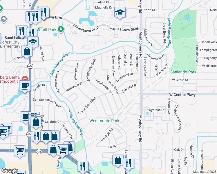 map of restaurants, bars, coffee shops, grocery stores, and more near 611 Applewood Avenue in Altamonte Springs