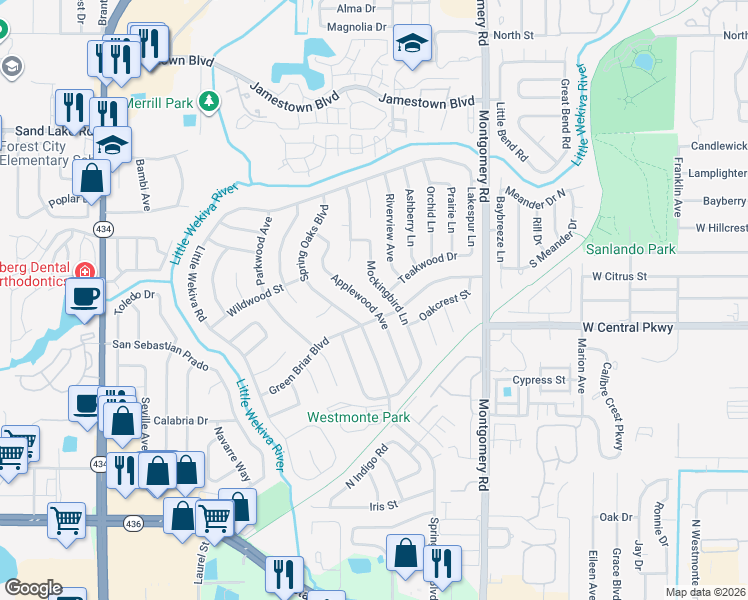 map of restaurants, bars, coffee shops, grocery stores, and more near 611 Applewood Avenue in Altamonte Springs