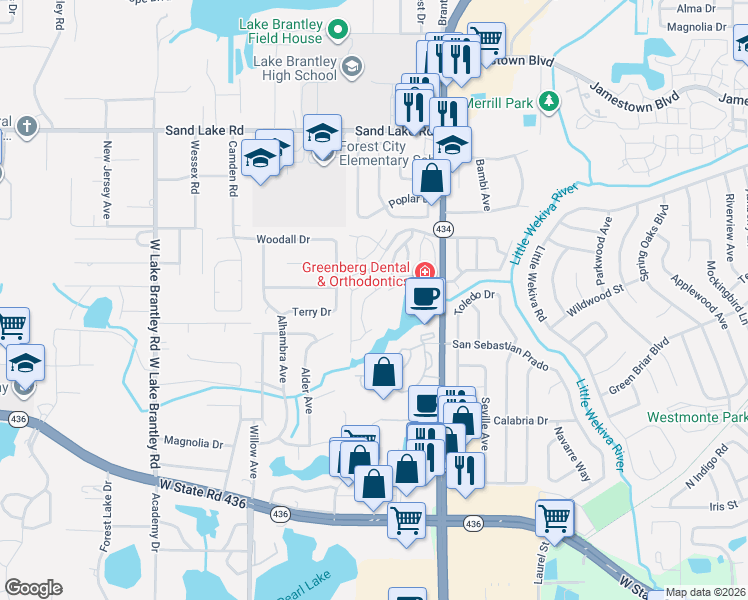 map of restaurants, bars, coffee shops, grocery stores, and more near 637 Sandy Neck Lane in Altamonte Springs