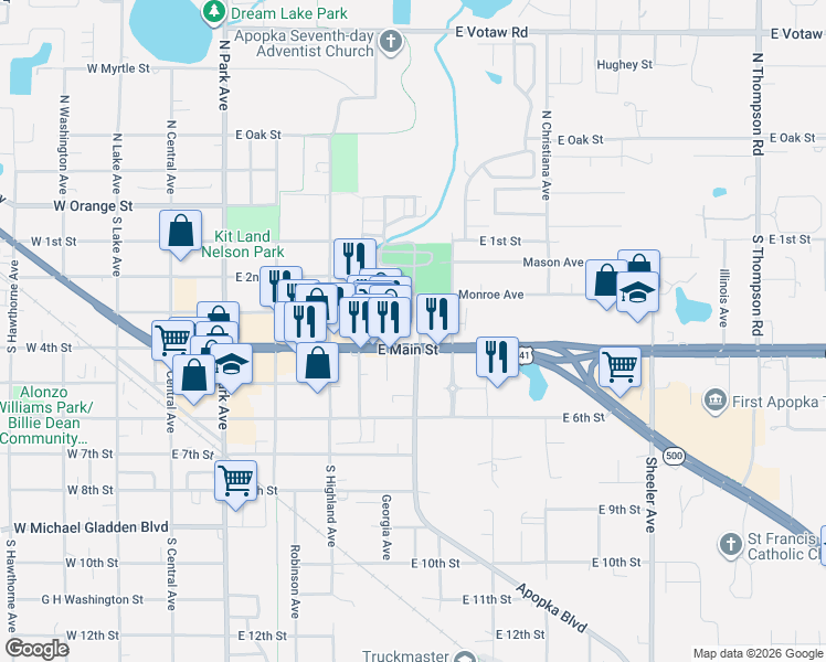 map of restaurants, bars, coffee shops, grocery stores, and more near 256 Alabama Avenue in Apopka