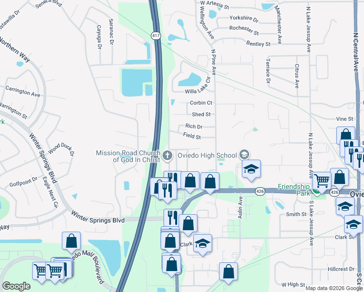 map of restaurants, bars, coffee shops, grocery stores, and more near 919 Pecan Street in Oviedo