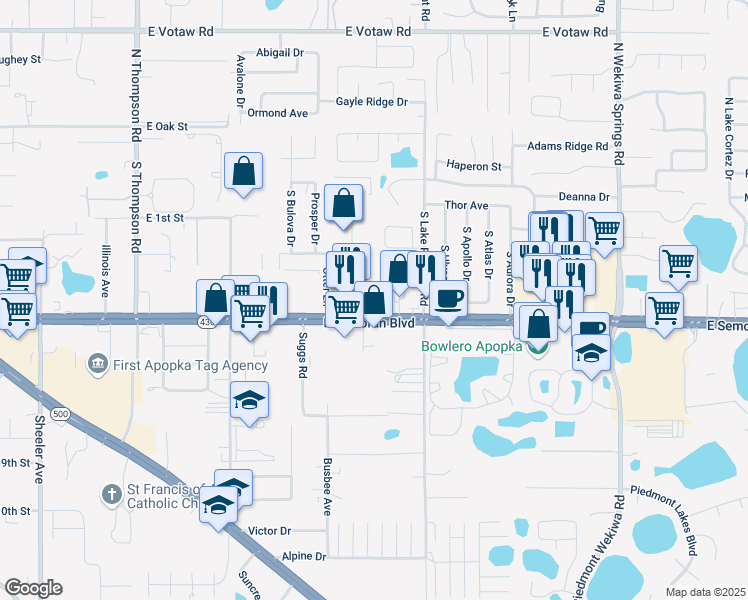 map of restaurants, bars, coffee shops, grocery stores, and more near 1655 East Semoran Boulevard in Apopka