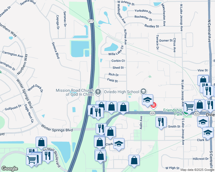 map of restaurants, bars, coffee shops, grocery stores, and more near 917 Pecan Street in Oviedo