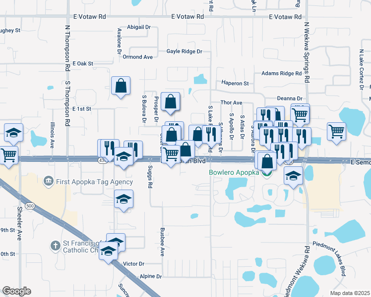 map of restaurants, bars, coffee shops, grocery stores, and more near 1655 E Semoran Blvd in Apopka