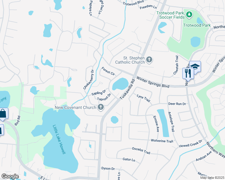 map of restaurants, bars, coffee shops, grocery stores, and more near 924 Oak Forest Drive in Winter Springs