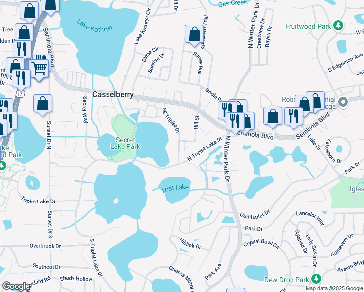 map of restaurants, bars, coffee shops, grocery stores, and more near 181 Northeast Triplet Drive in Casselberry