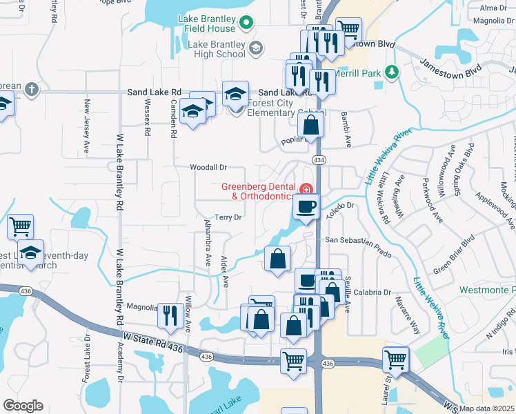 map of restaurants, bars, coffee shops, grocery stores, and more near 627 Dory Lane in Altamonte Springs
