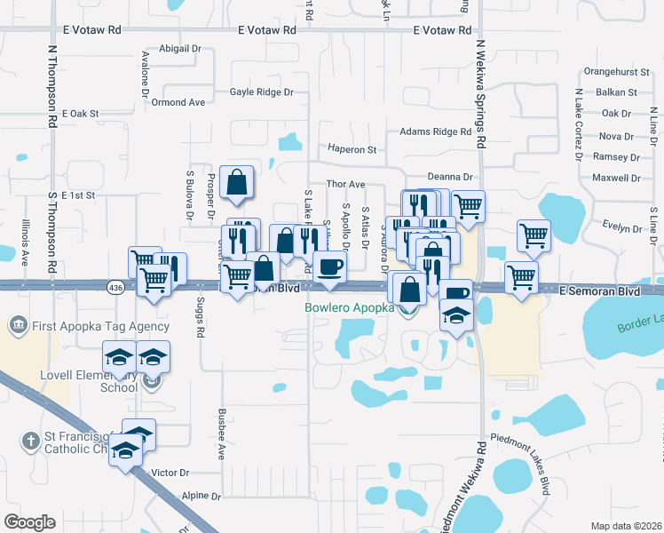 map of restaurants, bars, coffee shops, grocery stores, and more near 306 South Ulysses Drive in Apopka