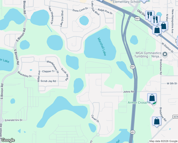 map of restaurants, bars, coffee shops, grocery stores, and more near 1241 Johns Road in Apopka