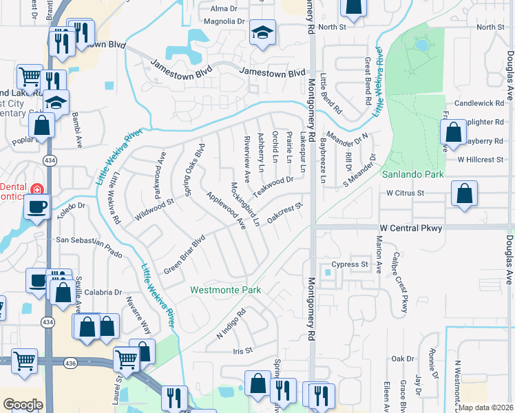map of restaurants, bars, coffee shops, grocery stores, and more near 533 Teakwood Drive in Altamonte Springs
