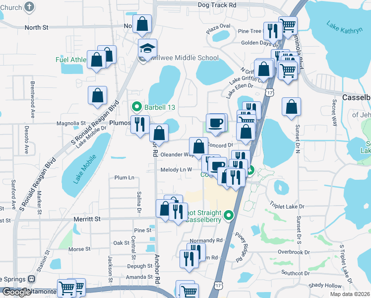 map of restaurants, bars, coffee shops, grocery stores, and more near 331 Oleander Way in Casselberry