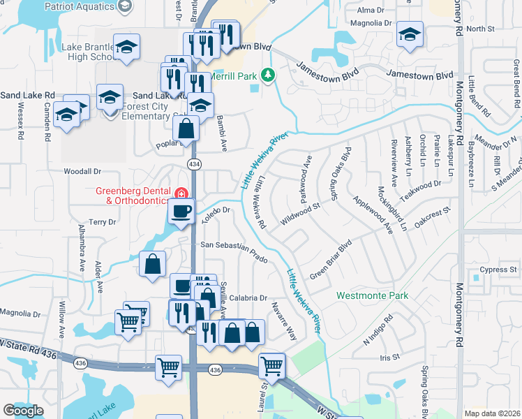 map of restaurants, bars, coffee shops, grocery stores, and more near 653 Little Wekiva Road in Altamonte Springs