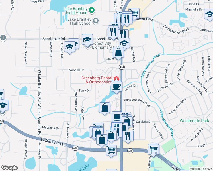 map of restaurants, bars, coffee shops, grocery stores, and more near 637 Sandy Neck Lane in Altamonte Springs