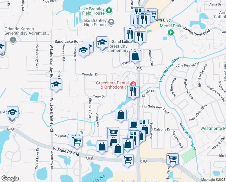 map of restaurants, bars, coffee shops, grocery stores, and more near 627 Dory Lane in Altamonte Springs