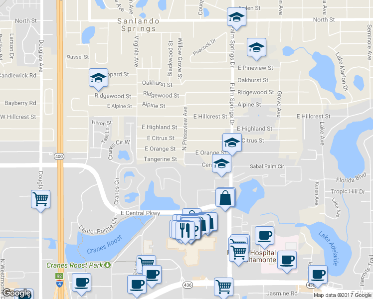 map of restaurants, bars, coffee shops, grocery stores, and more near 1001 North Pressview Avenue in Altamonte Springs