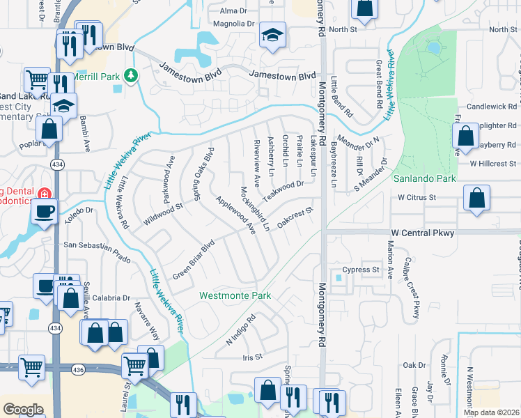 map of restaurants, bars, coffee shops, grocery stores, and more near 533 Teakwood Drive in Altamonte Springs