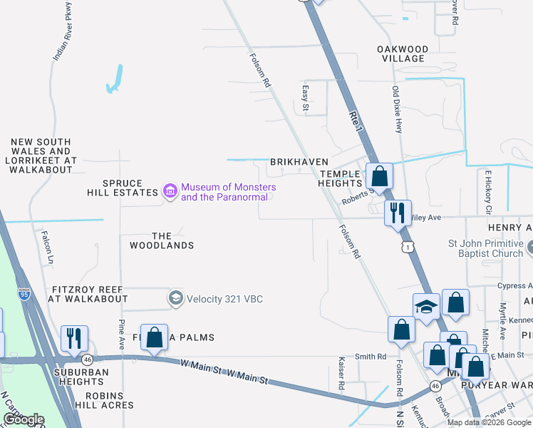 map of restaurants, bars, coffee shops, grocery stores, and more near 3636 Kelly Road in Mims
