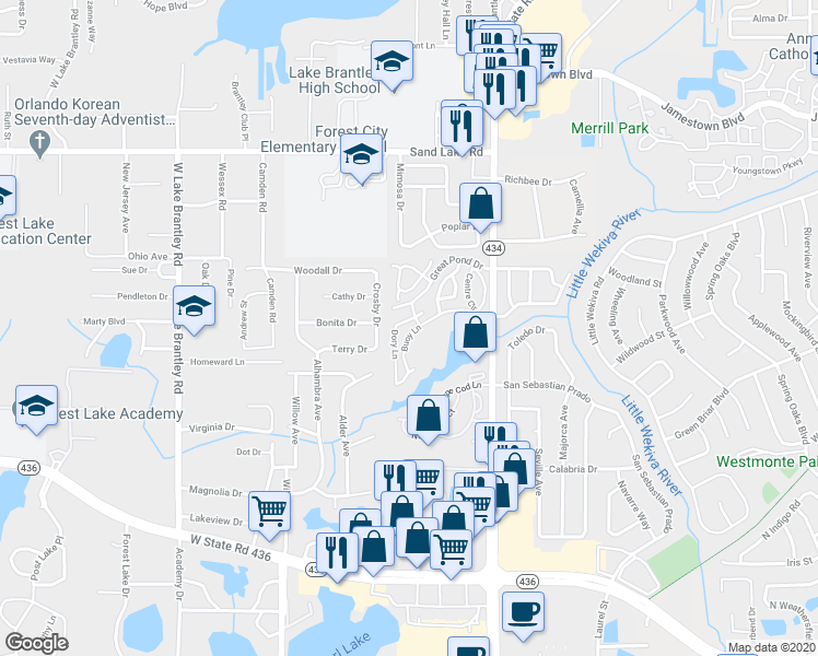 map of restaurants, bars, coffee shops, grocery stores, and more near 629 Dory Lane in Altamonte Springs