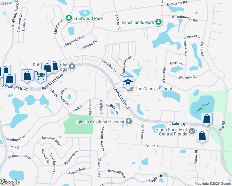 map of restaurants, bars, coffee shops, grocery stores, and more near 323 Capron Ash Loop in Casselberry