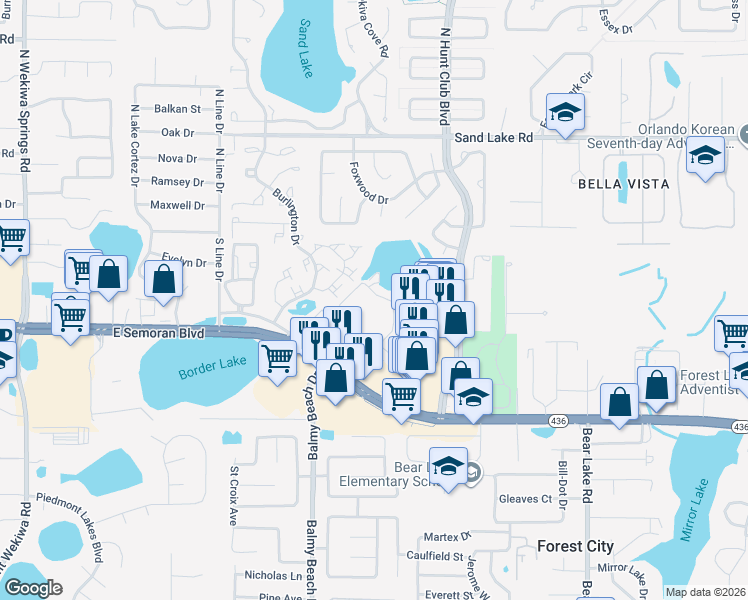 map of restaurants, bars, coffee shops, grocery stores, and more near 3048 Foxhill Circle in Apopka