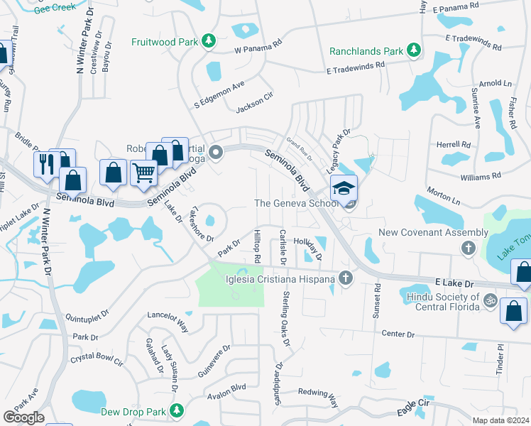 map of restaurants, bars, coffee shops, grocery stores, and more near 1521 Oak Lane in Casselberry