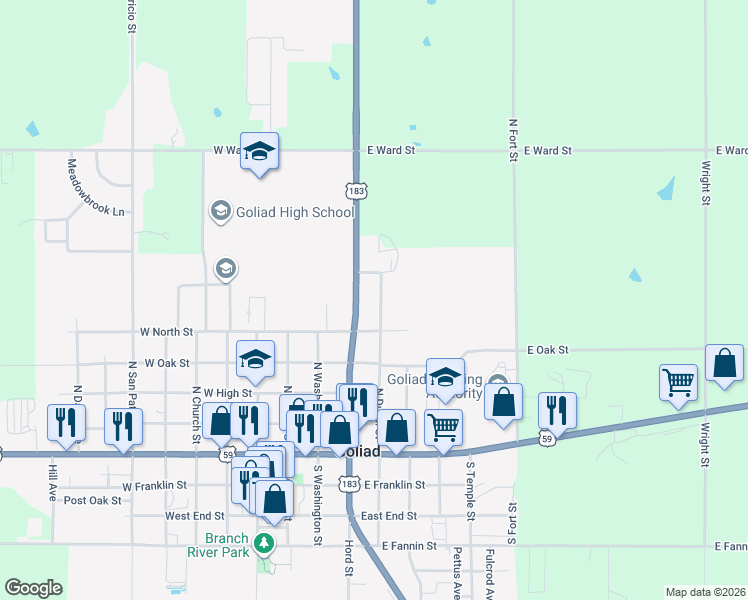 map of restaurants, bars, coffee shops, grocery stores, and more near 608 North Duval Street in Goliad