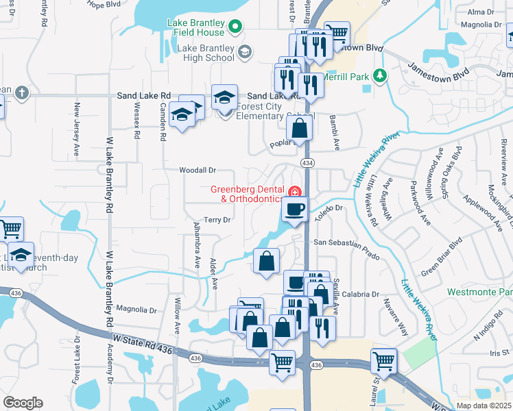 map of restaurants, bars, coffee shops, grocery stores, and more near 629 Dory Lane in Altamonte Springs