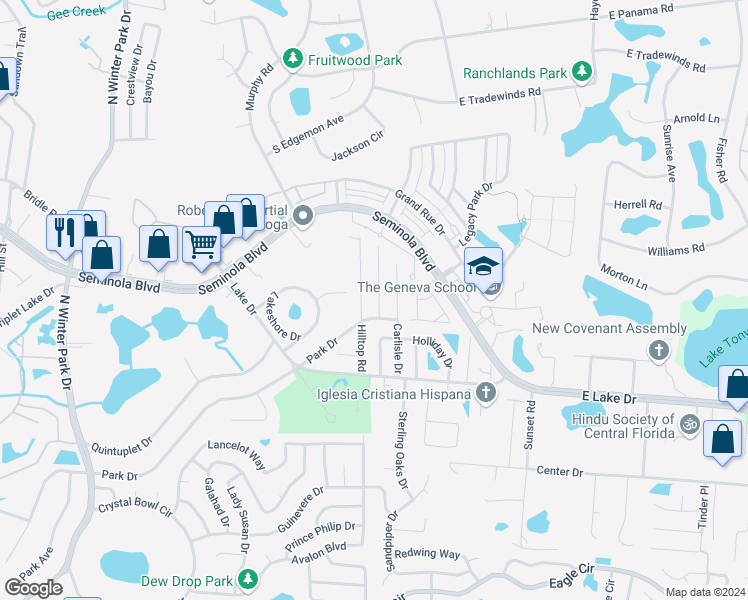 map of restaurants, bars, coffee shops, grocery stores, and more near 1521 Oak Lane in Casselberry