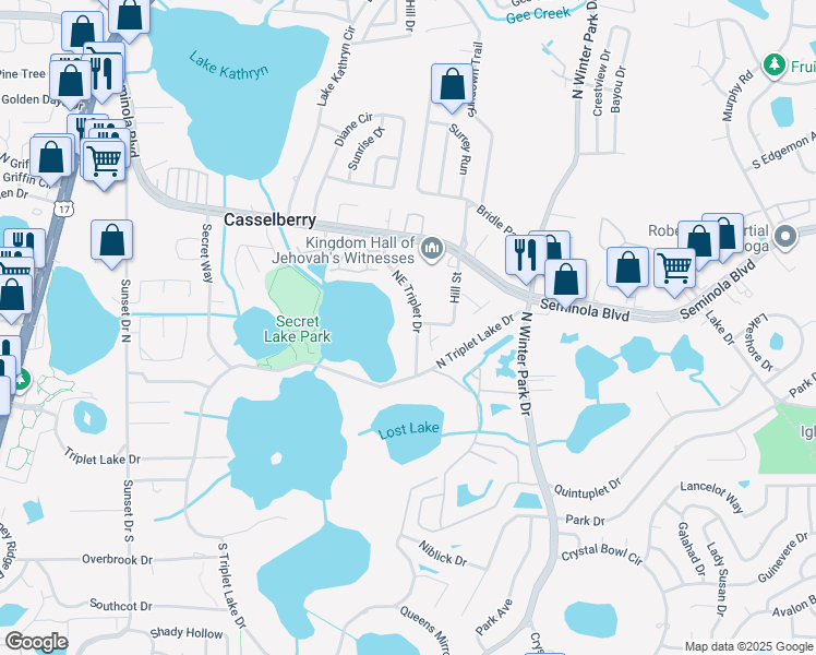 map of restaurants, bars, coffee shops, grocery stores, and more near 181 Northeast Triplet Drive in Casselberry