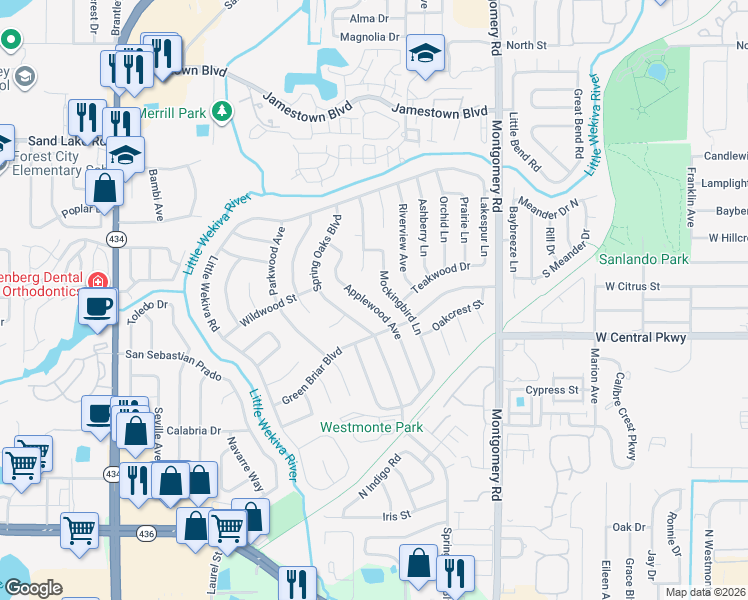 map of restaurants, bars, coffee shops, grocery stores, and more near 611 Applewood Avenue in Altamonte Springs